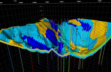 Modèle géométrique 3D du Dogger du bassin de Paris renseigné en environnement de dépôt. Il met en évidence des zones réservoir potentielles (en jaune et en vert) (2010).