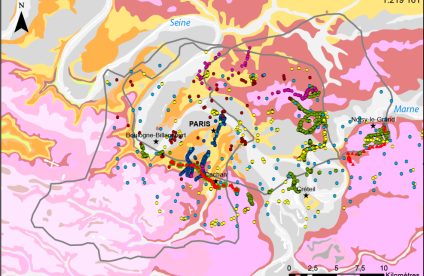 Carte géologique incluant les lieux de provenance des données de la BSS (Banque du sous-sol) du BRGM, de la SGp et de la RATP.