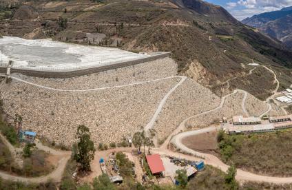 Aerial view of remediation work on a terrain with mining waste fillings.