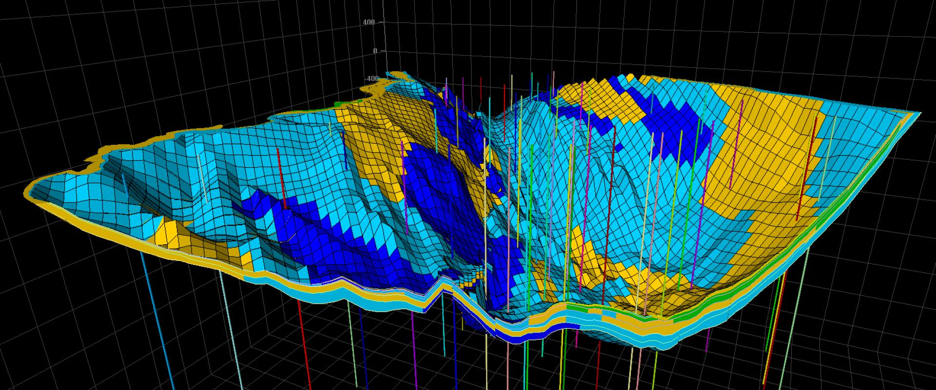 Modèle géométrique 3D du Dogger du bassin de Paris renseigné en environnement de dépôt. Il met en évidence des zones réservoir potentielles (en jaune et en vert) (2010).