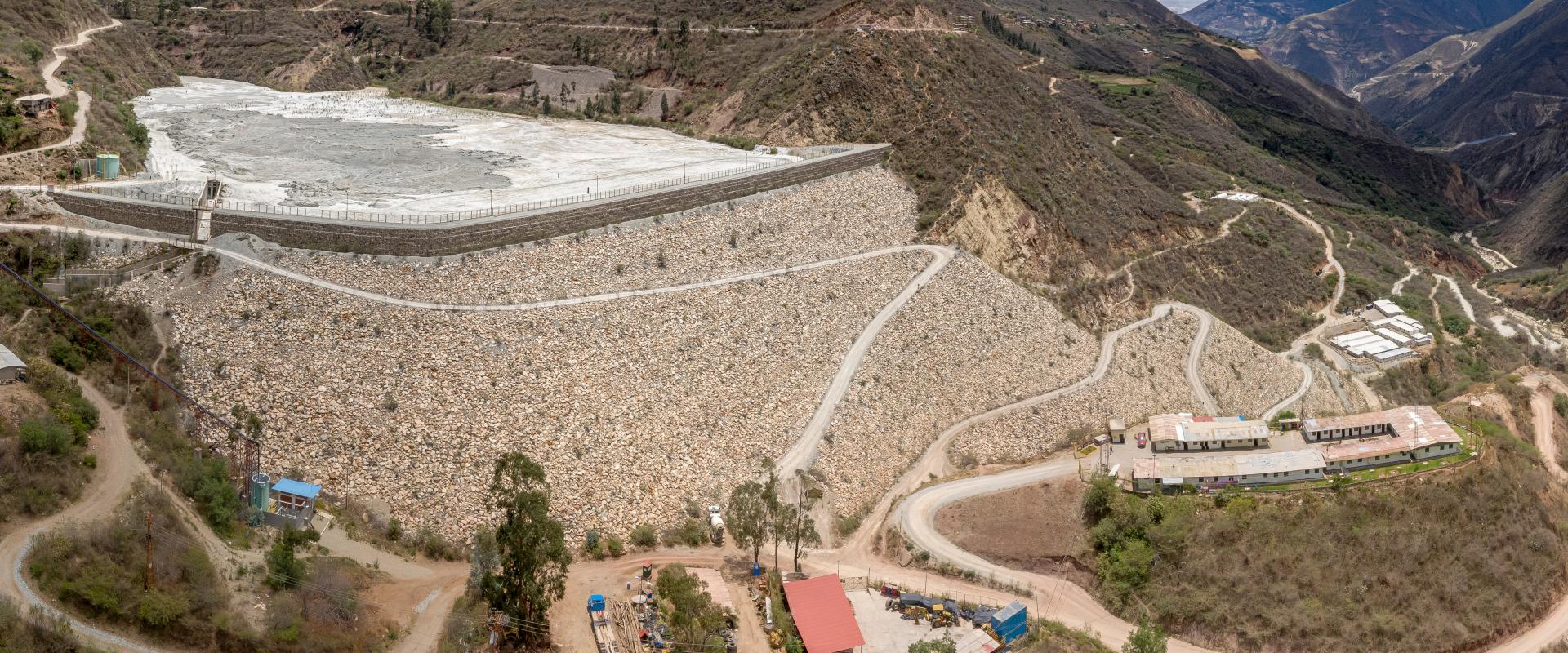 Aerial view of remediation work on a terrain with mining waste fillings.
