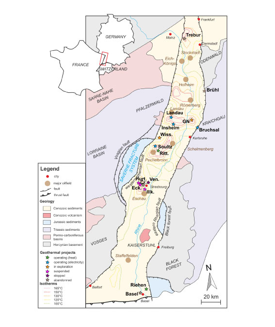 Carte des projets de géothermie profonde dans le Fossé rhénan supérieur, d’après Dalmais et al. (2021) - Revue Géologues Septembre 2021 