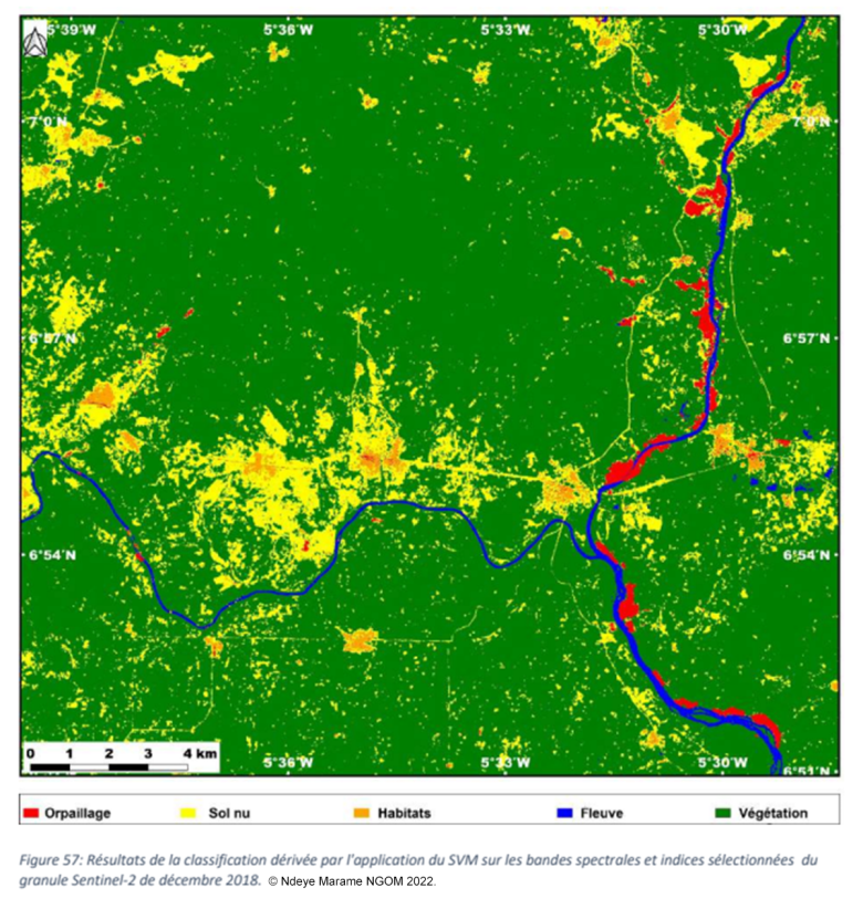 Données satellitaires utilisées dans le cadre du LMI MINERWA pour cartographier l’expansion de l'orpaillage le long du fleuve Bandama en Côte d'Ivoire et les impacts sur l’occupation du sol et les changements d’usage.