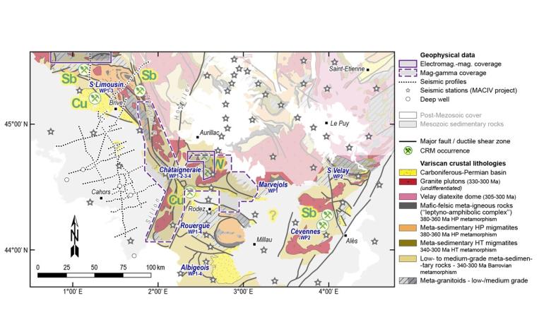 Carte géologique du sud du Massif central et données géophysiques disponibles présentant les zones cibles de DISCOVERY.