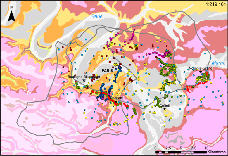 Carte géologique incluant les lieux de provenance des données de la BSS (Banque du sous-sol) du BRGM, de la SGp et de la RATP.