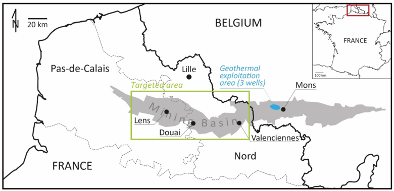 Emplacement de l'ancien bassin minier de part et d'autre de la frontière franco-belge et de la zone ciblée